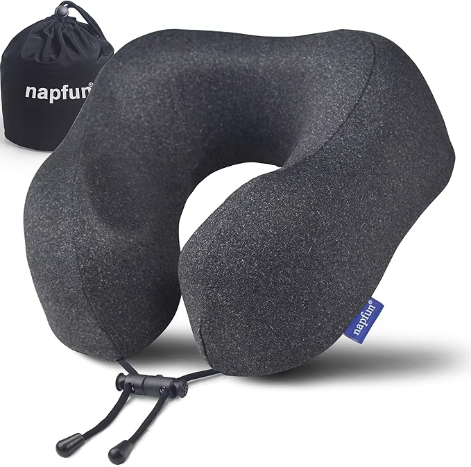 napfun Neck Pillow for Traveling, Upgraded Travel Neck Pillow for Airplane 100% Pure Memory Foam Travel Pillow for Flight Headrest Sleep, Portable Plane Accessories, Simple Sets (Optional), Full Black