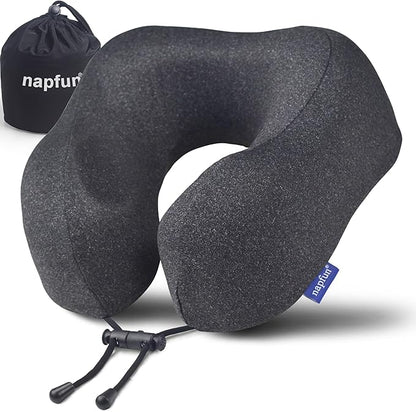 napfun Neck Pillow for Traveling, Upgraded Travel Neck Pillow for Airplane 100% Pure Memory Foam Travel Pillow for Flight Headrest Sleep, Portable Plane Accessories, Simple Sets (Optional), Full Black