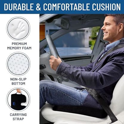 Everlasting Comfort Car Seat Cushion for Driving - Wedge Car Cushion for Office, Travel, Gaming Chair Memory Foam Driver Booster for Short People, Non-Slip, Washable Cover, Back & Sciatica Relief