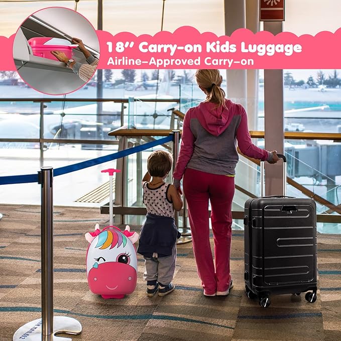 Goplus Kids Luggage, 16’’ Carry on Suitcase with LED Wheels, Waterproof Hard Shell, Lightweight Rolling Luggage for Travel, Birthday Christmas Gifts for Toddlers, Children, Boys, Girls (Pink)