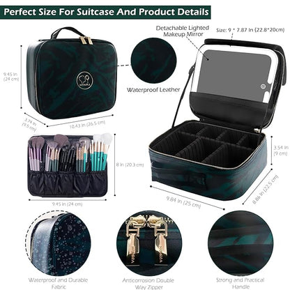 MOMIRA Travel Makeup Bag Cosmetic Bag with Lighted Mirror, Adjustable Brightness in 3 Color Scenarios, Waterproof, 10x Magnifying Mirror, Rotatable Independent Light Mirror- Zebra Green