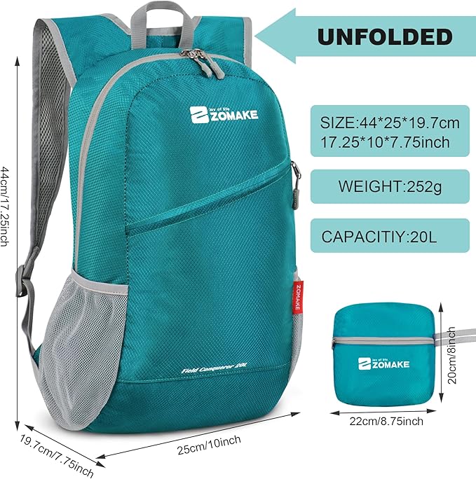 ZOMAKE Lightweight Packable Backpack 20L, Foldable Backpacks Small Daypack for Hiking Water Resistant Day Bag for Travel(Turquoise Green)