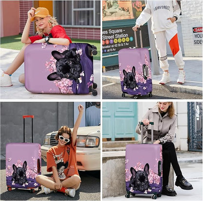 ANNA QUEEN French Bulldog Luggage Cover, Cute Black Dog with Pink Flowers Suitcase Protector, Stretchable Washable Travel Sleeve for 20-22 Inch Luggage