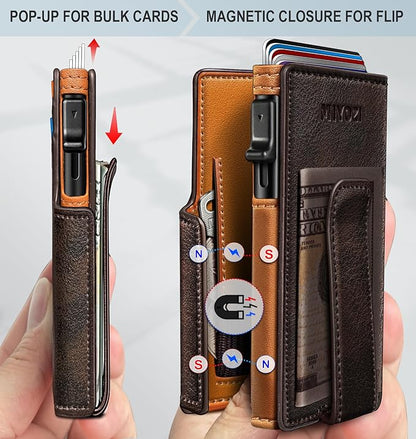 Wallet for Men with Money Clip Coins Pocket ID Window Gift Boxed,Slim Smart Front Pocket RFID Blocking Wallet Pop-up Card Holder in Magnetic Leather Flip 3.9"x 2.7"