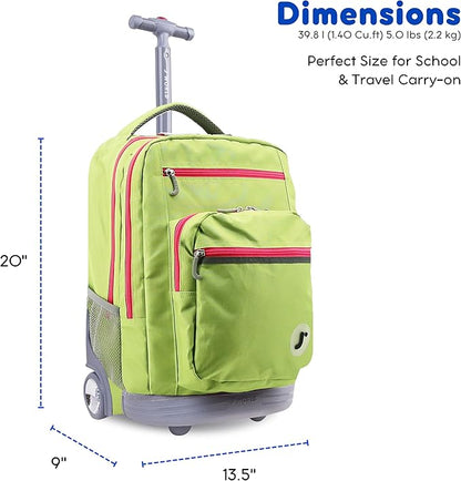 J World Sundance Laptop Rolling Backpack for Girls Boys. Roller Bookbag with Wheels, Celery