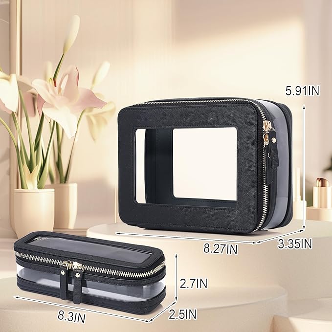 Pinkmik Clear Makeup Bag with Brush Case Travel Toiletry Bag Waterproof Cosmetic Organizer Car Essentials for Women (Black, M+SLIM-1)