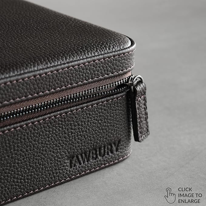 TAWBURY Watch Case - 4 Slot Genuine Top-Grain Leather Watch Box for Men & Women with Extra Wide Pillows for Large Watches - Portable Wristwatch Storage for Home & Travel (Brown)