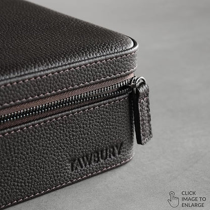 TAWBURY Watch Case - 4 Slot Genuine Top-Grain Leather Watch Box for Men & Women with Extra Wide Pillows for Large Watches - Portable Wristwatch Storage for Home & Travel (Brown)