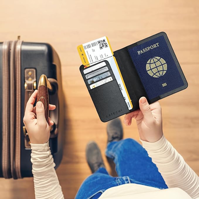 Satechi Passport Holder for Travel with Find My, Passport Cover with 4 Card Holder, Wireless Charging, and RFID protection – Travel Essential Vegan Leather Passport Holder – Black