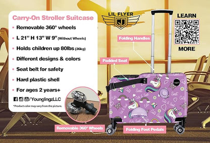 Younglingz LIL FLYER GO Version 2 Ride On Suitcase for Kids | Carry On Luggage with Toddler Seat, Foldable Handlebars, Pedals, and Removable Wheels | Holds up to 80 lbs | Glam | Ages 2-6
