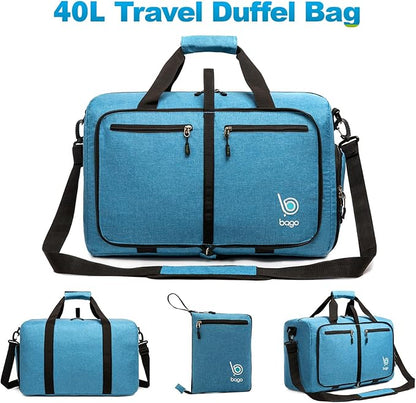 Bago Foldable Duffel Bags for Traveling Women & Men - 40L Sports Packable Duffle Bag for Travel with Shoe Compartment - Water Repellant, Heavy Duty, Lightweight Folding & Collapsible (SnowBlue)