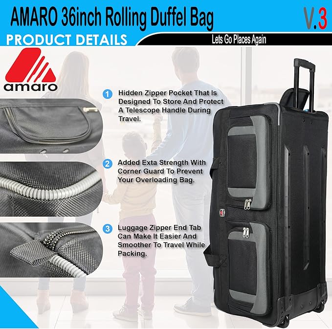 33" Rolling Duffle Bag with Wheels and Handle - Multiple Compartments/Compression Straps With Buckles Balck/Gray trim Large