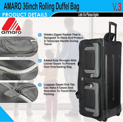 33" Rolling Duffle Bag with Wheels and Handle - Multiple Compartments/Compression Straps With Buckles Balck/Gray trim Large