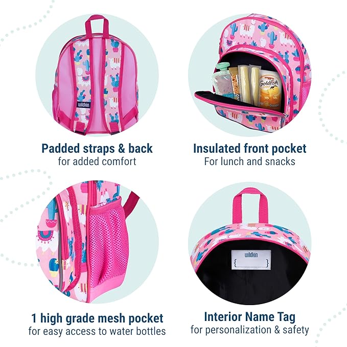 Wildkin 12-inch Kids Backpack – Padded, Adjustable, Ideal for Daycare & Travel - Llamas and Cactus