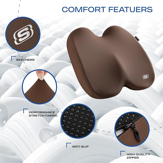 Skechers Memory Foam Seat Cushion,Ribbed Fabric Office Chair Cushion for Tailbone Pain Relief,Butt Pillow for Office Chair,Car Seat Cushion,Long Sitting Office Workers,and Car Drivers,Brown