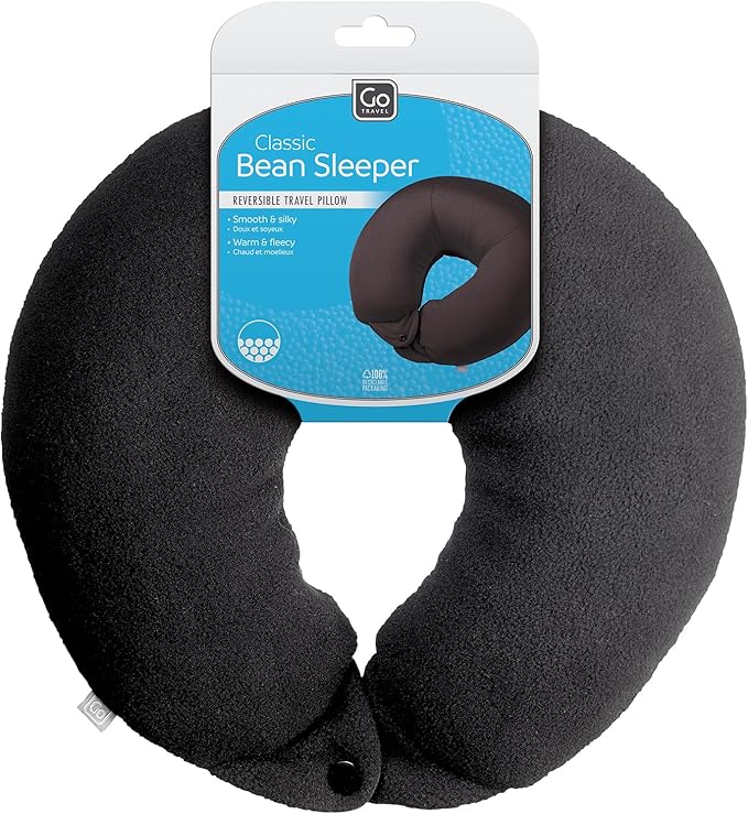 Classic Bean Sleeper, Comfortable Travel Pillow Filled with Micro Polybeans, Neck Pillow for Uninterrupted Sleep, Ideal for Airplane, Bus, Car, and Train, Travel Essentials, Black