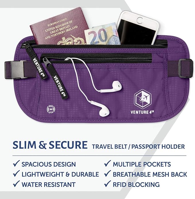 VENTURE 4TH Travel Money Belt - Slim Passport Holder RFID Blocking Travel Pouch to Protect Cash, Credit Cards and Travel Documents (Purple)