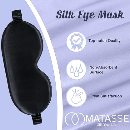 MATASSE Silk Eye Mask for Sleeping with Adjustable Elastic Band - 3D Contoured, Eye Cover Sleep Mask w/Genuine Mulberry Silk Including The Strap for Women, Men (Black)