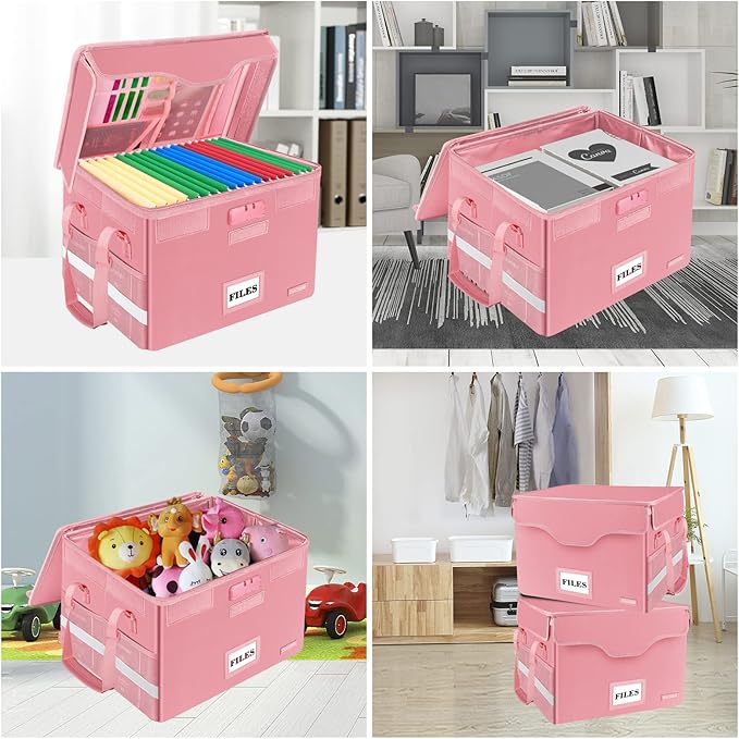 DocSafe Fireproof Document Box with Lock,File Storage Organizer with Pockets,Collapsible Portable File Box Home Office Safe Filing Cabinet with Handle for Hanging Letter/Legal Folders,Pink,2 Pack
