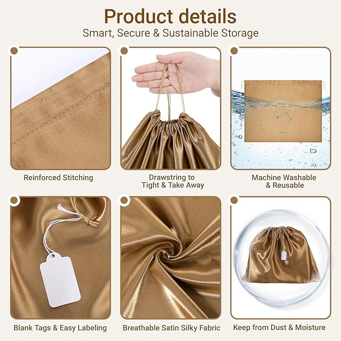 Ewen Pack of 7 Dustproof Drawstring Satin Shoe Bags with Blank Tags, 19.6x15.7in Dustbags for Handbags, Brown Travel Essentials Packing Bag Purse Organizer for Closet Home Storage Jewelry Organization