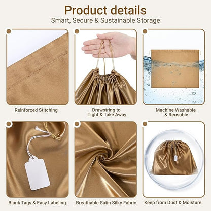 Ewen Pack of 7 Dustproof Drawstring Satin Shoe Bags with Blank Tags, 19.6x15.7in Dustbags for Handbags, Brown Travel Essentials Packing Bag Purse Organizer for Closet Home Storage Jewelry Organization