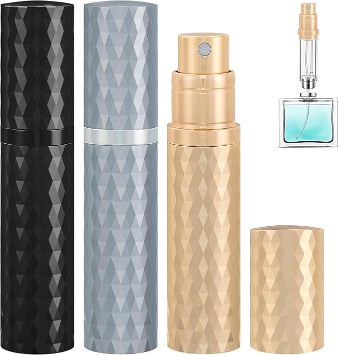Travel Perfume Atomizer Bottle Refillable - 3-Pack 5ml Leakproof Fragrances Perfume Atomizer, Portable Perfume Sprayer, Perfume Refillable Bottle for Traveling (Black & Gray & Gold)