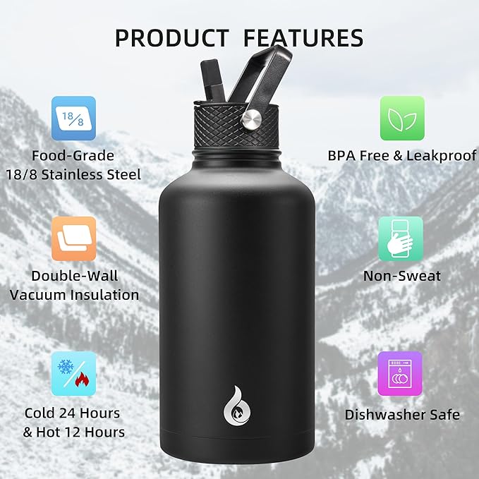 BJPKPK Half Gallon Insulated Water Bottles with Straw Lid, 64oz Large Water Jug, Stainless Steel Bottles with 3 Lids and Paracord Handle, Thermo for Hot & Cold Liquid, Black