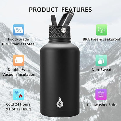 BJPKPK Half Gallon Insulated Water Bottles with Straw Lid, 64oz Large Water Jug, Stainless Steel Bottles with 3 Lids and Paracord Handle, Thermo for Hot & Cold Liquid, Black