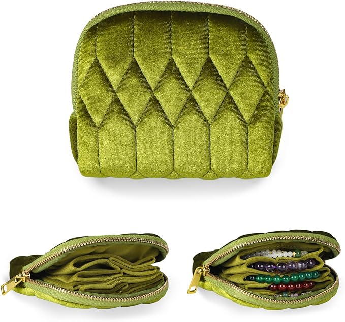 Small Travel Jewelry Case, Mini Travel Jewelry Bag with Zipper, 5-Layer Velvet Organizer Pouch for Bracelet Rings Earrings - Diamond Stitched Velvet Moss Green
