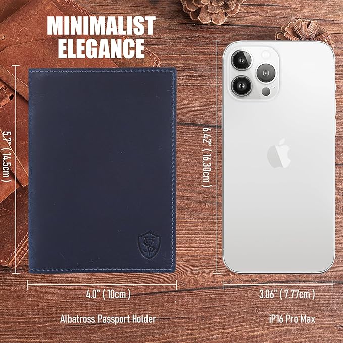 STAR VISTA Albatross Leather Travel Passport Holder, Minimalist Design, Full Grain Leather Case for Women and Men - Slim Passport Wallet, Bifold, RFID Blocking, Navy Blue