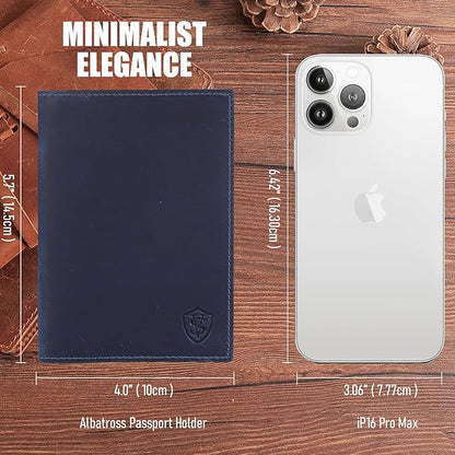 STAR VISTA Albatross Leather Travel Passport Holder, Minimalist Design, Full Grain Leather Case for Women and Men - Slim Passport Wallet, Bifold, RFID Blocking, Navy Blue