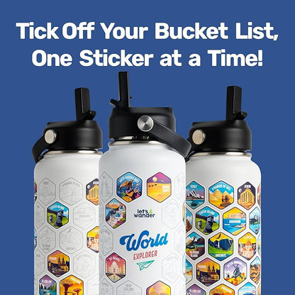 LET'S WANDER World Water Bottle with 2 Sets of 50 Waterproof Stickers - 32oz Leakproof Insulated Stainless Steel with Straw - Travel Gift Bottle (Arctic White)