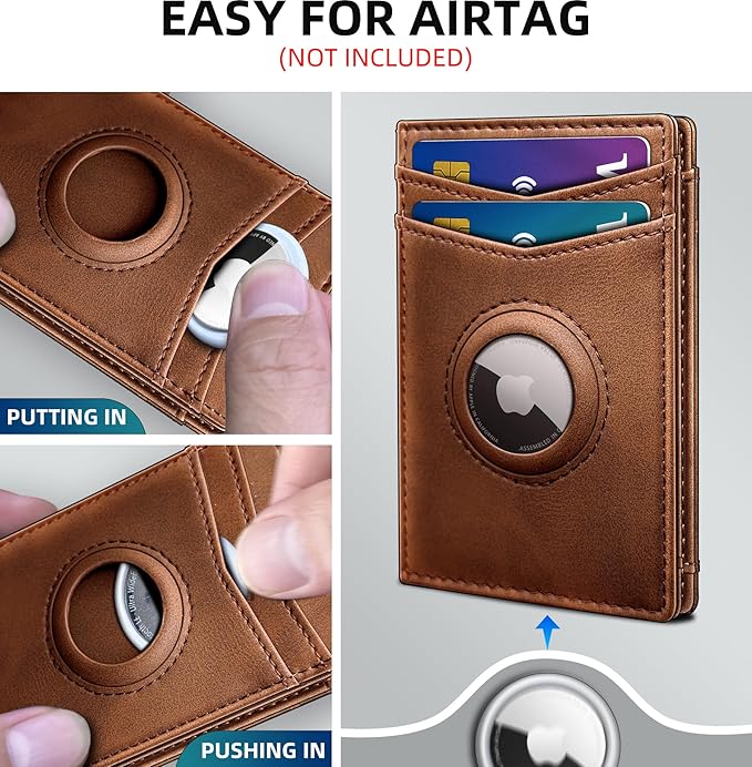 Airtag Wallet for Men- with Money Clip Gift Boxed, Magnetic Closure Slim Genuine Leather Front Pocket Wallet, 4.1"x 2.8", RFID Blocking