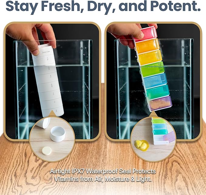 Ankomn - 7 Day Travel Pill Organizer. IPX7 Rating Waterproof, Airtight & Portable Pill Case for Vitamins. Durable Weekly Supplement Case with Stackable Compartments for Outdoor Use - White
