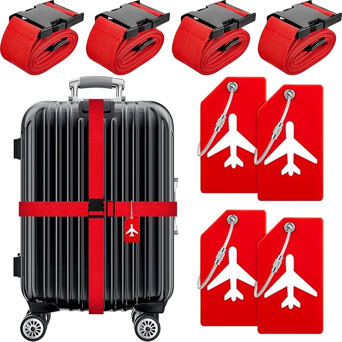 Weewooday 8 Pcs Luggage Straps Suitcase Tags Set for TSA Approved, 4 Travel Adjustable Suitcase Belt, 4 Silicone Luggage Tags with Name ID Card Travel Accessories(Red,Airplane)