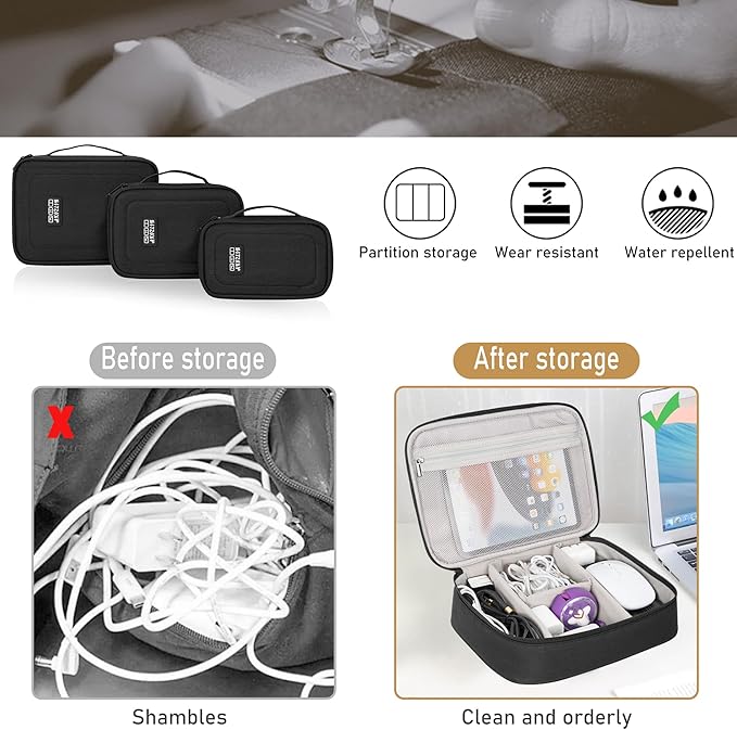 AKOZLIN Padded 3pcs/set Travel Organizer Office Cord Cable Electronics Accessories Bag Electrical Cord Management Case Black