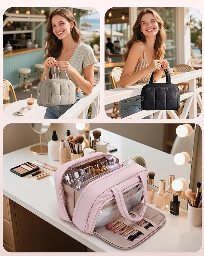 Travel Toiletry Bag for Women with Hanging Hook, Water Resistant Puffy Makeup Organizer with Leak Proof Pockets for Toiletries and Cosmetics - Pink (Bag Only)