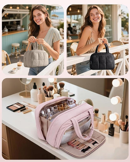 Travel Toiletry Bag for Women with Hanging Hook, Water Resistant Puffy Makeup Organizer with Leak Proof Pockets for Toiletries and Cosmetics - Dark Pink (Bag Only)