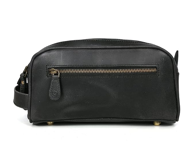 10" Premium Leather Toiletry Travel Pouch With Waterproof Lining Black Color | King-Size Handcrafted Vintage Shaving Kit By Aaron Leather Goods (Florida Black)