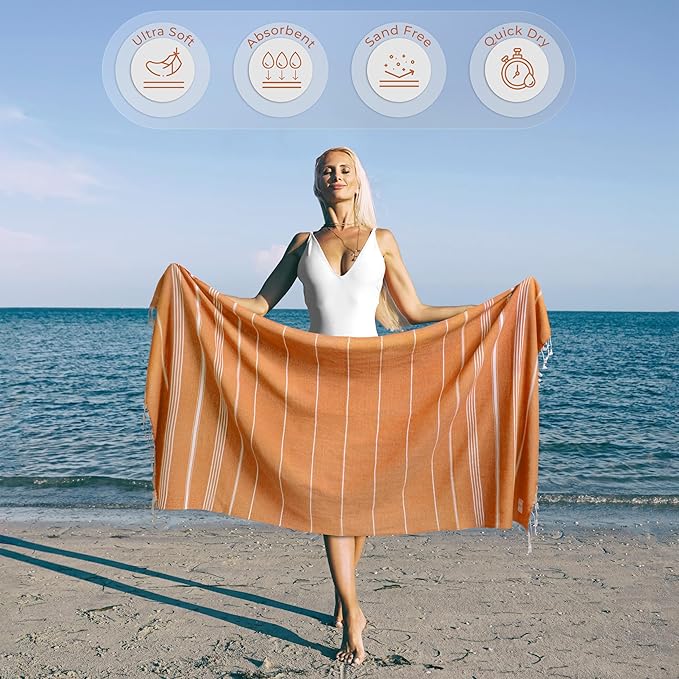 Turkish Beach Towel Striped & Smart Blend Oversized (39" x 71") - Quick Dry, Versatile and Functional as Picnic and Beach Blanket, Yoga, Pool, Travel and Gym Towels - Orange
