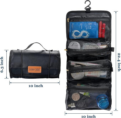 Toiletry Bag Can Hanging Small Roll-Up Makeup Organizer Bag with 3 Detachable Transparent Mesh Folding Cosmetic Travel Bags for Women & Men Black Toiletries Organizer Bag Gym Camping Grooming, Black