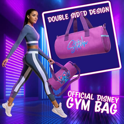 Disney Sports Duffel Bag, 15 x 7 x 7" Holdall 2 Pockets Adjustable Strap (Purple Stitch)