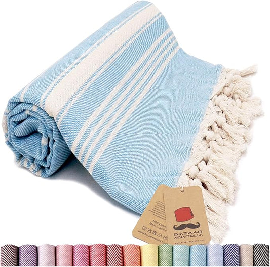 Bazaar Anatolia Turkish Beach Towel – 100% Cotton, Quick Dry, Sand Free Swim Towel for Swimmers, Beach Days – Oversized 71x39 Inches – Stripe Turquoise