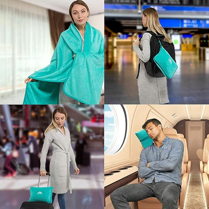 BlueHills 2-Pack Premium Soft Travel Blanket Pillow Airplane Blanket for Two in Soft Bag Pillowcase Compact Pack Large Blankets for Travel (Teal Green T012)