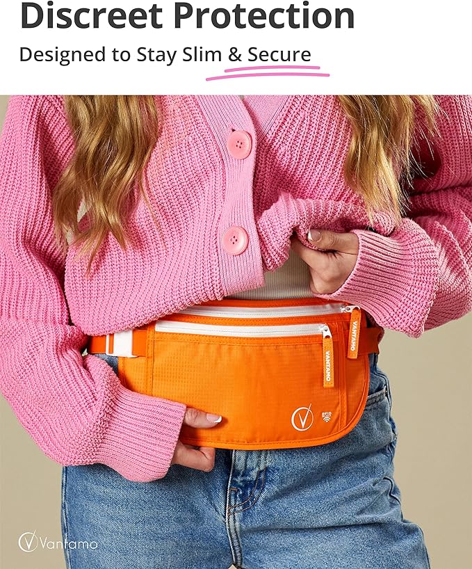 Vantamo Money Belt with RFID For Men & Women, Hidden Passport Holder for Travel, 2 Compartment Travel Fanny Pack for Women Anti Theft