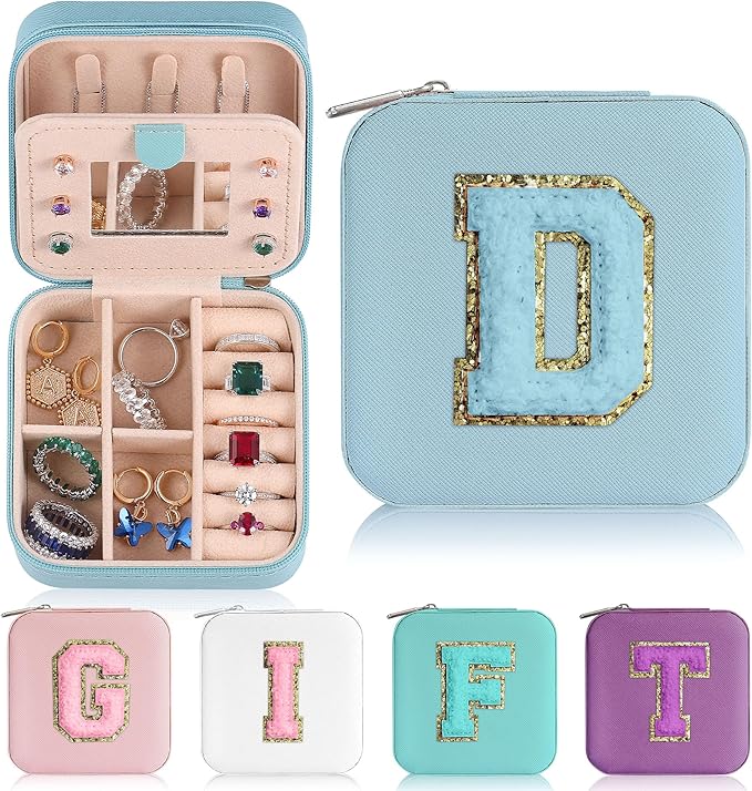 Parima Initial Jewelry Box for Women Girls, Sky Blue Jewelry Travel Case | Chenille Letter Patches Jewelry Box | Multifunctional Personalized Travel Jewelry Case | Birthday Gifts - Letter D, Sky Blue