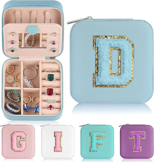 Parima Initial Jewelry Box for Women Girls, Sky Blue Jewelry Travel Case | Chenille Letter Patches Jewelry Box | Multifunctional Personalized Travel Jewelry Case | Birthday Gifts - Letter D, Sky Blue