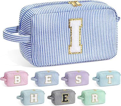 YOOLIFE Initial Cosmetic Bag for Women - Monogram Cute Blue Makeup Bag Cosmetic Toiletry Pouch Make Up Case for Women Her Best Friend Friendship Sister Teacher, Personalized Birthday Gifts for Women I
