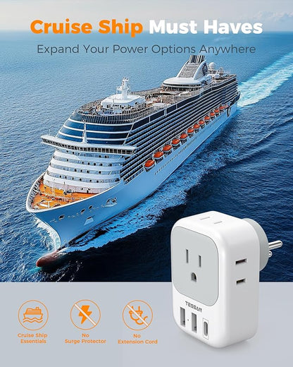 TESSAN Israel Adapter Plug 2 Pack, 7 in 1 US to Israel Power Adapter with 3 USB Ports (1 USB C Port) 4 American Outlets, Type H Travel Adaptor for USA to Jerusalem