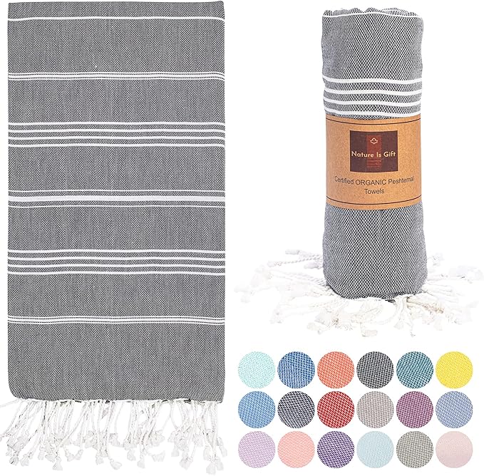 Beach Towel 100% Cotton Turkish Beach Towel Adult 38x70 Inch Pre-washed Absorbent Extra Large|Sand Free Quick Dry BathTowels|Lightweight Blanket|Travel Cruise Camping Spa Gym Yoga Towel|Black